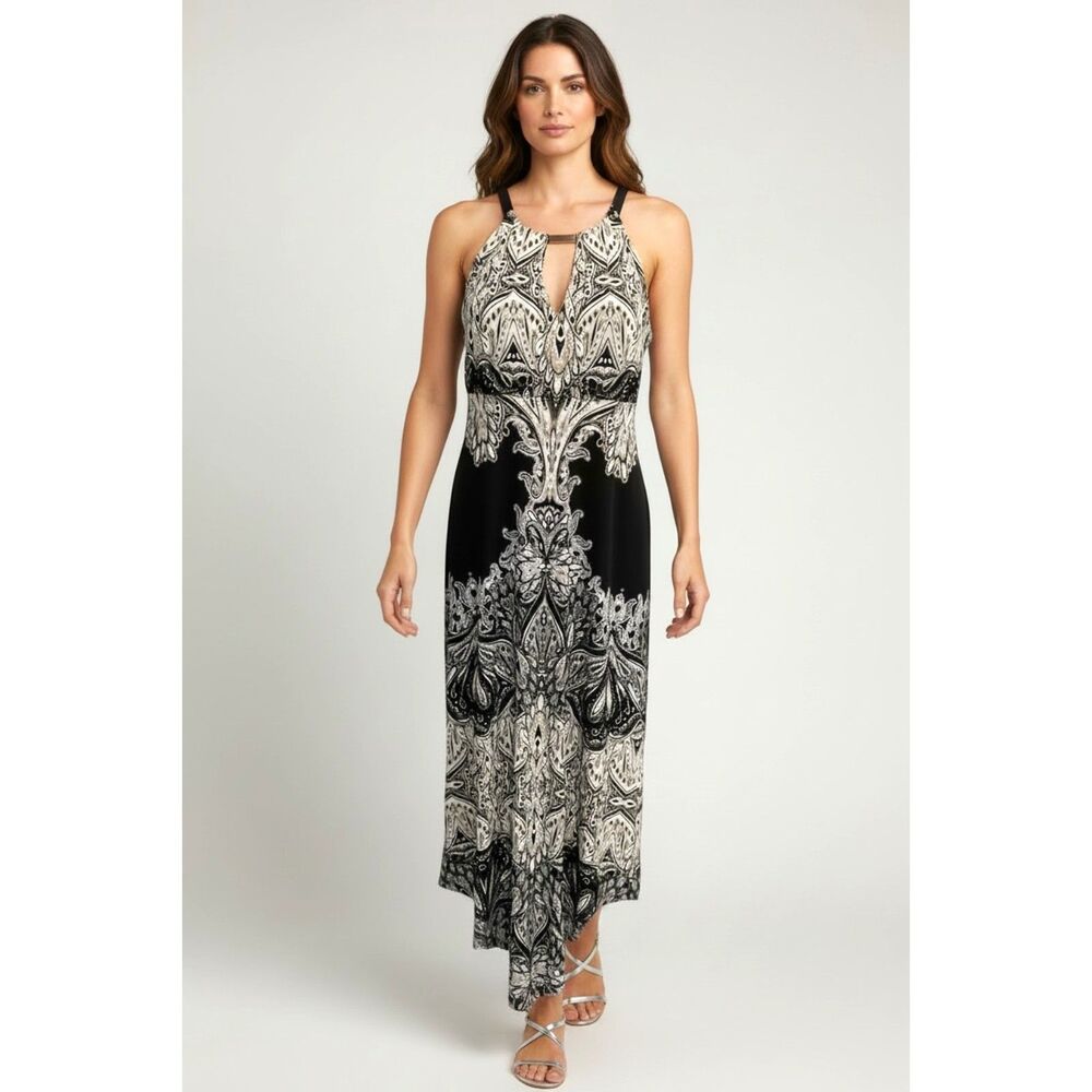 INC International Concepts Black Ivory Printed Halter Maxi Dress Sz L